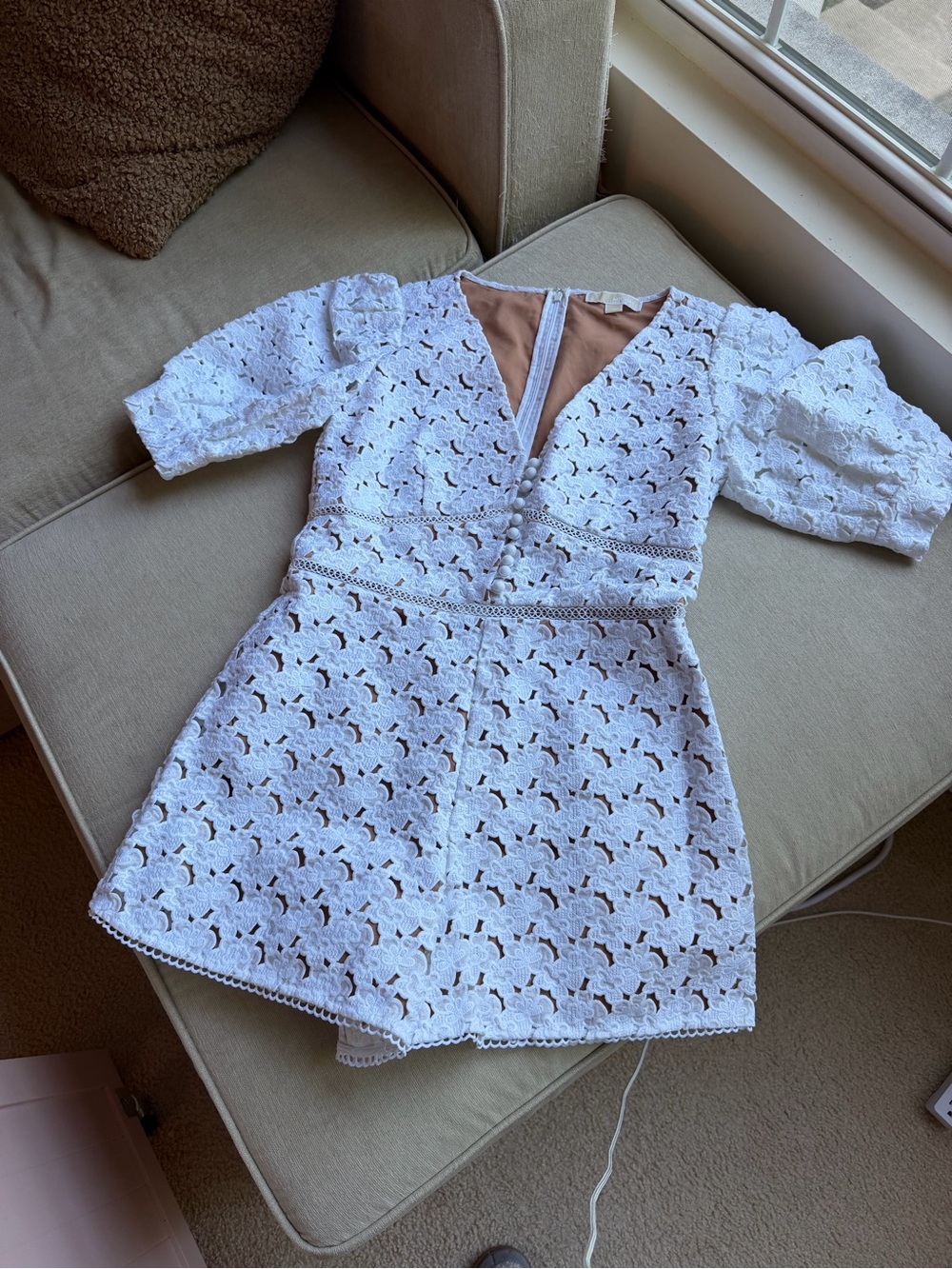 Michael Kors White Eyelet Lace romper with Puff Sleeves